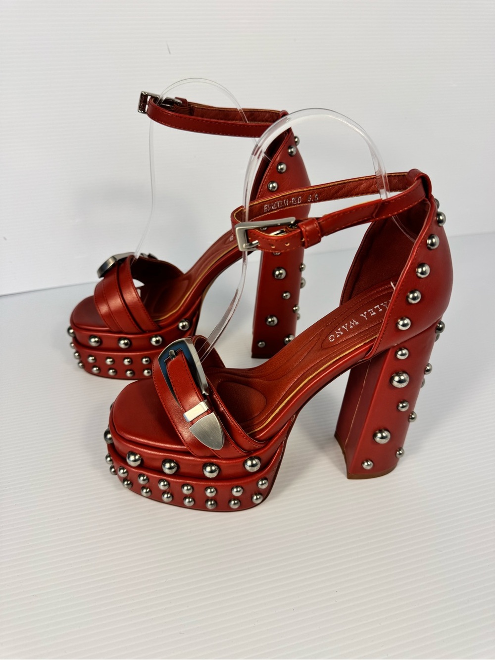 Azalea Wang Eugenija Red Studded Platform Block Heel Sandals NEW IN BOX